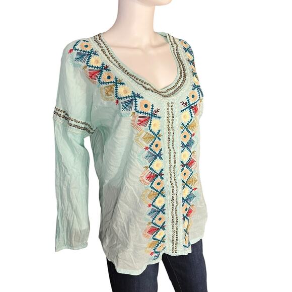 Sundance Light Blue Embroidered Beaded Boho Cotton Tunic Top M - Picture 2 of 5